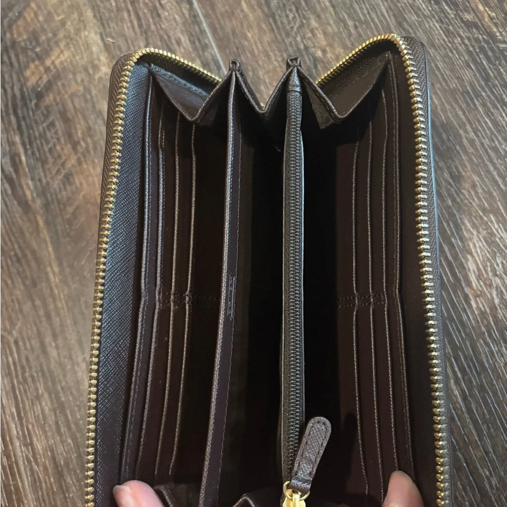 COACH Dark Brown Leather Zip-Around Wallet with Gold Logo